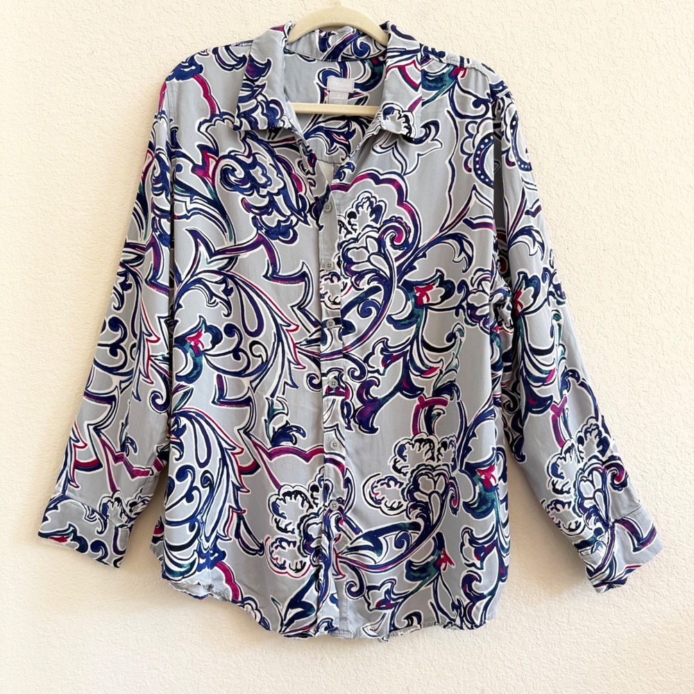 Chico's Paisley Modal Long Sleeve Button Down Shirt Sz 3 US 16/18 Soft Office